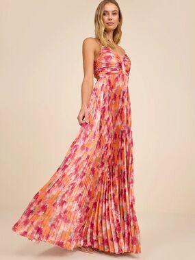 Lulu's Pink Orange Floral Pleated Maxi Dress